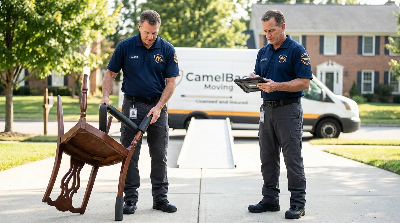 Movers inspecting furniture for damage prevention before loading in Occoquan, VA