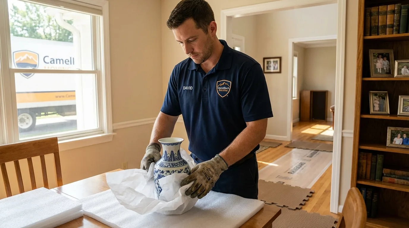 Professional crew carefully wrapping antique vase for senior downsizing move in Occoquan, VA